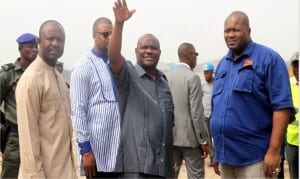 Rivers State Governor, Chief Nyesom Wike  (middle), former Minister of Sports, Dr Tammy Danagogo  (left) and  Chairman of Monier Construction Company, Senator John Mbata (right),  during the governor's inspection of Nkpogu-NLNG Bridge  project in Port Harcourt, yesterday.