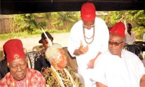 L-R: Chief Kenneth Ekedoke, Traditional Ruler, Hilltop Autonomous Community of Enugu State, Ozo Sunday Orji, Chief Denis Chukwuemeka and guest of honour, Ozo Gab Agu, at the beginning of year 2016 community meeting in Enugu, recently