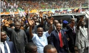 Governor Nyesom Wike of Rivers State (middle), with Bayesla State Governor, Hon Seriake Dickson (2nd left), their Akwa Ibom State counterpart, Mr Udom Emmanuel (2nd right) and Abia State Governor, Dr Okezie Ikpeazu, during the Thanksgiving Service to celebrate Udom’s Supreme Court’s victory in Uyo on Wednesday