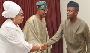 Vice President Yemi Osinbajo (right), welcoming a member of the Governing Council of Jewel of Africa, Senator Grace  Folashade Bent (left) and Chairman of the Governing Council, Sen. Olorunnimbe Mamora, during a courtesy call  on the Vice President by the members of the council to the Presidential Villa in Abuja, yesterday.
