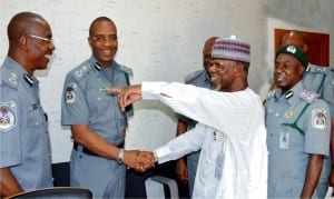 Comptroller-General of Customs, retired Col. Hameed Ali (middle), being received by Deputy Comptrollers-General Dan Ugo (left) and Austin Warikoru (2nd left), at the inauguration of the National Logistics Committee on Donation of  Relief Materials to Internally Displaced Persons (idps) in Abuja on Wednesday. With them is the Chairman of the committee, Deputy Comptroller-General Sanusi Umar.