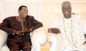The General Overseer, Redeemed Christian Church of God, Pastor Enoch Adeboye (left), with the Ooni of Ife, Oba Adeyeye Ogunwusi, during the cleric's courtesy visit to the Ooni's Palace in Ile-ife, yesterday