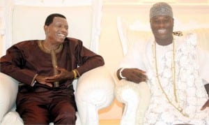 The General Overseer,  Redeemed Christian Church of God, Pastor Enoch Adeboye (left), with the Ooni of Ife, Oba Adeyeye Ogunwusi, during the cleric's  courtesy visit to the Ooni's Palace in Ile-ife, yesterday