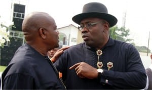 Governor Nyesom Wike of Rivers State (left), with his Bayelsa State counterpart, Hon. Seriake Dickson, during a thanksgiving service to mark Wike’s victory at the Supreme Court in Port Harcourt, recently.