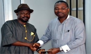 Rivers State Head of Service, Rufus N. Godwins (Esq) (right), receiving a copy of a document from the Commissioner, Public Complaints Commission, Rivers State, Dr, Alpheaus Paul- Worika, during a working visit to the office of the Head of Service in Port Harcourt, yesterday Photo: Nwiueh Donatus Ken