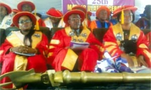Acting Provost, Rivers State College of Arts and Science (RIVCAS), Dr Samuel B. Kalagbor (middle), Registrar of the college, Georgenia Benwoke (right) and Acting Head, Library, Mrs Eisemen Lulu-Pokubo, at the 25th matriclation ceremony of new students in Port Harcourt on Thursday