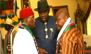 Rivers State Governor, Chief Nyesom  Wike (right), Bayelsa State Governor, Hon Seriake Dickson (middle) and their Delta State counterpart,   Senator Ifeanyi Okowa, during  the  swearing -in of Governor  Dickson for a second term in Yenagoa,  yesterday.