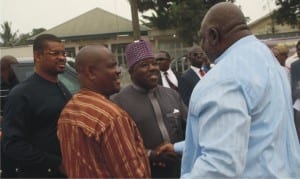 Rivers State Governor, Chief  Nyesom Wike,  (2nd left), with Senator Lee Maeba (left), former Governor of Borno State,  Senator Ali Modu-Sheriff (middle) and former NBA President,  Chief OCJ Okocha, during  a political  rally organised by the leaders of  Evo Kingdom  in Obio/Akpor Local Government Area, yesterday