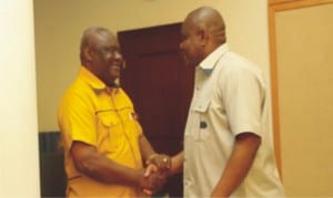 Rivers State Governor, Chief Nyesom Wike (left), welcoming INEC’s Rivers State Resident Electoral Commissioner, Elder Ikiowak Aniedi to Governemt House, Port Harcourt, during a courtesy visit on Friday
