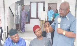 Administrative Secretary, INEC, Rivers State, Mr Tom Ongele, with Rivers State Electoral Commissioner, Mr Aniedi Ikoiwak (right) and Head of Department, Operations, Mr Boco Ekong, during a stakeholders meeting in Port Harcourt, yesterday.
