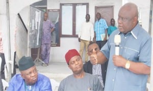 Administrative Secretary, INEC, Rivers State, Mr Tom Ongele, with Rivers State Electoral Commissioner, Mr  Aniedi Ikoiwak (right) and Head of Department, Operations, Mr Boco Ekong, during a stakeholders meeting in  Port Harcourt, yesterday.