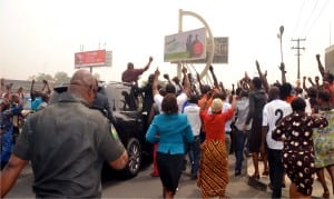 Governor Nyesom Wike, acknowledging cheers during his victory tour of Port Harcourt shortly after the Supreme Court pronounced him winner of the April 11, 2015 governorship election.