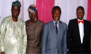 L-R: Dean of Students Affairs, University of Lagos, Prof. Tunde Babawale, Human Rights Lawyer, Mr Femi Falana, Chairman, Office of International Relations, Partnership and Prospects, UNILAG, Prof. Akin Oyebode and Minister of Information and Culture, Alhaji Lai Muhamed, at the Annual Gani Fawehinmi Students Chamber Symposium in Lagos, on Friday.