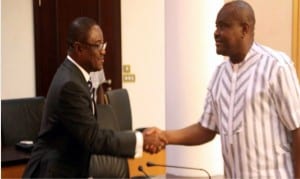 Rivers State Governor, Chief Nyesom Wike (right), welcoming the former Chief Judge of the state and Pro-Chancellor of Rivers State University of Science and Technology (RSUST), Justice Iche Ndu (rtd) to Government House, Port Harcourt, during a courtesy visit of the Governing Council of the university on Thursday