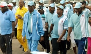 Managing Director, NICON Insurance Limited, Mr Bayode Samuel; Director of Road Traffic Service, Vehicle Inspection Office, Federal Capital Territory, Mr Danjuma Garba, Corps Marshal/Chief Executive of FRSC, Mr Boboye Oyeyemi, his wife, Yemisi, and Deputy Corps Marshal, Training, Standards and Certification, Mr Kabiru Lawal, during the FRSC’s monthly walking/jogging exercise in Abuja on Saturday