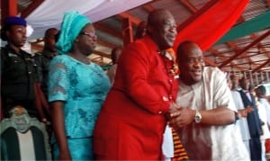 Governor Okezie Ikpeazu of Abia State (middle), welcoming Governor Nyesom Wike of Rivers State  to the  thanksgiving service to celebrate Governor Ikpeazu’s victory at the Supreme Court in Umuahia, recently