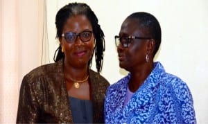 Rivers State  Commissioner for Women Affairs, Barr. (Mrs) Ukel Oyaghire,  with  Chairman, Nigeria Association of Women Journalists, Rivers State chapter, Mrs Lilian Okonkwo, during a courtesy visit to the commissioner in Port Harcourt, recently.        Photo: Ibioye Diama