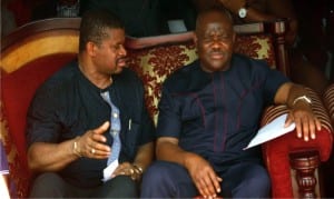 Rivers State Governor, Chief Nyesom  Wike (right), with Senator Lee Maeba, during the 50th birthday celebration of Senator  Maeba in Lunwa community, Khana Local Government Area of the State on Saturday. 