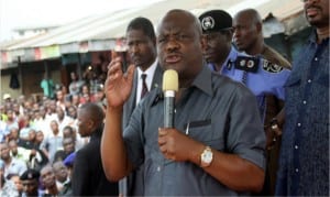 Rivers State Governor, Chief Nyesom Wike, addressing the people of Yeghe community in Gokana LGA following the recent killing of Ogoni people and residents of the area, during a fact finding tour ,yesterday