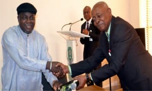 Vice Chancellor, Rivers State University of Science and Technology (RSUST), Prof Blessing Didia (right), receiving some copies of books from Senator George Sekibo, during the Senator’s visit to the university on Wednesday.                                                         Photo: Nwiveh Donatus Ken