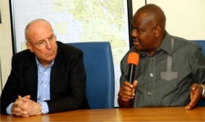 Rivers State Governor, Chief Nyesom Wike (right), with President, Integrated Logistics Services (Intels), Mr. Gabrella Volpi, after the governor’s facility tour of Onne Oil and Gas Free Trade Zone, Rivers State, recently.