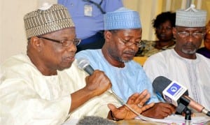 L-R:Independent National Electoral Commission (INEC), Resident Electoral Commissioner, Alhaji Abdullahi Kaugama, INEC Administrative Secretary, Alhaji Isa Bungudu and officer in charge of  INEC’s Operational Services, Alhaji Ibrahim Aliyu, at the INEC’s meeting on the Lere West State Assembly Constitutency Election in Kaduna State , recently.