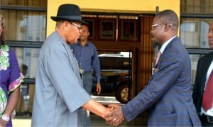  Chairman, Rivers State Council of Traditional Rulers, HRM  King Dandeson Douglas Jaja (left), welcoming the Commissioner, Public Complaints Commission for Rivers State, Dr, Alpheaus Paul - Worika, to his office in Port Harcourt, during a courtesy visit, yestereday      Photo: Ibioye Diama 