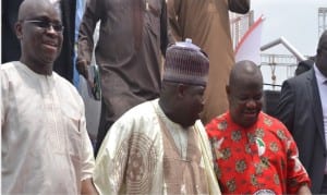 Rivers State Governor, Chief Nyesom Wike (right), PDP National Chairman, Senator Ali Modu Sheriff (middle), and Ekiti State Governor, Ayo Fayose, during the special thanksgiving service organised by the PDP to celebrate Governor Wike’s Supreme Court victory in Port at the Yakubu Gowon Stadium, Harcourt, on Saturday