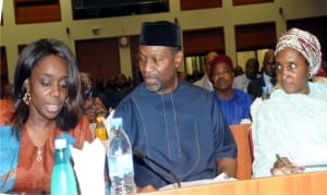 L-R: Minister of Finance, Mrs Kemi Adeosun, Minister of Budget and National Planning, Senator Udoma Udo Udoma, and Minister of State for Budget and National Planning, Hajiya Zainab Ahmed, during the Joint Committees on Appropriation's meeting with the Ministers of Finance and Budget and National Planning on the 2016 Budget, at the National Assembly in Abuja, yesterday