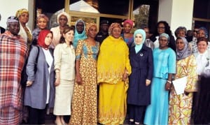 Wife of  the President, Mrs Aisha Buhari (5th left), First Lady of Republic of Turkey, Mrs Amine Erdogan (4th right), Wife of Vice President, Mrs Dolapo Osinbajo (4th left) and wives of some state governors' and members of Turkish delegation, during Mrs Erdogan's visit to the Presidential Villa, Abuja, yesterday.