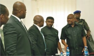 R-L: Rivers State Governor, Chief Nyesom Ezenwo Wike, Commissioner for Health, Dr Theophilus Odagme, Chief Goddy Nwikpo and Dr Ikedife Uba of the Integrated Medical Industries, IMI, during the governor's inspection visit to the company in Port Harcourt on Friday.