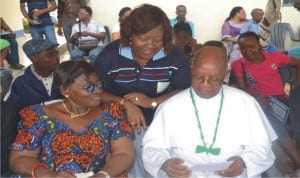 Chairman, Catholic Education,  Rev Father Joseph Kabari (right), with the Board Secretary , Lady Josephine Ogolo (left), during the 5th edition of the Inter-House Sports Competition of Holy Rosary  College in Port Harcourt on Friday. With them is the Principal of the college, Barr. Mrs Vero Efika (middle)   Photo: Nwiueh Donatus Ken