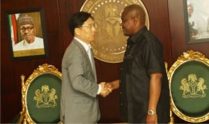 Rivers State Governor, Chief Nyesom Wike (right) and the  Ambassador of the Republic of Korea to Nigeria, Mr Noh Kyu-Duk,  when the Ambassador  visited  Government House, Port Harcourt on Friday. 