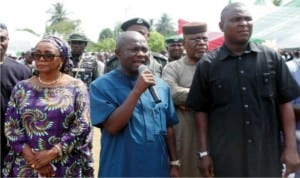 Chief of Staff, Government House, Port Harcourt Hon. Emeka Woke (middle), Hon. Betty Apiafi, PDP Candidate for Re-run election in Abua/Odual-Ahoada-East Federal Contitutency (left) and PDP Re-run candidate for Ahoada-East Constituency 2, Mr Ehie Eddison (right), during Ahoada-East Constituency II’s intercessory prayer/thanksgiving in Upata Town on Friday