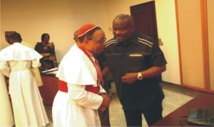 Rivers State Governor, Chief Nyesom Wike (right), welcoming Chairman, Christian Association of Nigeria (CAN), Rivers State, Primate Isaac Anyanasikike, to Government House, Port Harcourt, during  a courtesy visit  recently.