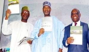 From Left: Minister of Agriculture, Chief Audu Ogbeh, Minister of State, for Aviation, Senator Hadi Sirika and the Director General, Nigerian Meteorological Agency (Nimet), Dr Anthony Anuforom at a meeting on the Impact of Weather Variability and Climate Change on Transportation Infrastructure and Agriculture in Abuja on Tuesday