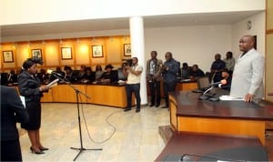 Rivers State Governor, Nyesom Ezenwo Wike performing the Swearing in of Justice Adama Iyayi-Lamikanra as Substantive Chief Judge of Rivers State last Tuesday at the Government House, Port Harcourt. 