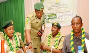 L-R: Assistant Controller General, Pharmaceutical Services, Nigerian Prisons Service (nps), Mrs Husaina Kori, Deputy Controller General, insurance scheme, Mr Kinane Suanu; representative of Controller General, Alhaji Jafaru Ahmed and Deputy Comtroller of Prisons, works, Mr Chuks Afijue at the Nigerian prisons service welfare insurance scheme workshop in Enugu on Tuesday.