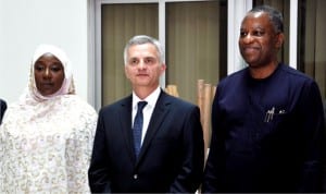 From Left: Minister of State for Foreign Affairs, Hajia Khadija Ibrahim,  Swiss Minister of Foreign Affairs ,Mr Didier Burktialter, and Minister of Foreign Affairs, Mr Geoffrey Onyeama during the courtesy visit to Federal Ministry  of Foreign Affairs in Abuja on Tuesday 