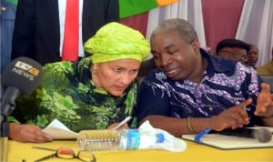 Minister of Environment, Amina Muhamad (left) listening to the MOSOP President, Mr Legborsi Piagbara (right) during her visit to Ogoni land for Federal Government clean up of Ogoni last Friday.