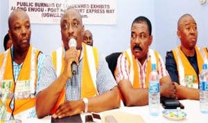 L-R: Zonal Manager, Nigerian Copyright Commission (NCC) Onitsha, Mr Emeka Ogbonna, Director-General, NCC, Mr Afam Ezekwude and Director of Administration, Mr Okon Odokwo, at the NCC stakeholders meeting in Enugu on Monday.