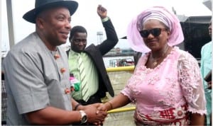 Rivers State Deputy Governor, Dr. (Mrs) Ipalibo Harry-Banigo exchanging pleasantries with the Commissioner for Local Government Affairs, Hon. Rodaford  LongJohn, during a stakeholders meeting at the Governors Lodge, Bonny Local Government Area, Rivers State.