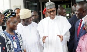 From Left: Senior Special Assistant to President on National Assembly (Senate), Senator Ita Enag, Deputy Speaker, House of Representatives, Rep. Yusuf Lasun, President Muhammadu Buhari and Deputy Senate President Ike Ekweremmadu, after Presentation of address to the joint session of the National Assembly by President Jacob Zuma of South Africa in Abuja last Tuesday