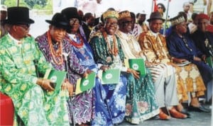 Cross Section of Traditional Rulers during official commissioning of Nkpogu Road /Bridge phase I Thursday. Photo: Egberi .A. Sampson