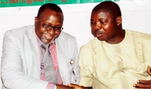  Representative of Acting Director General of Nafdac, Dr Bukar Usman (left) and National Vice President Fisheries Society of Nigeria, Dr Agbabiaka Adegoke during Nafdac Veterinary and Allied Products Sensitization Workshop in Enugu on Thursday