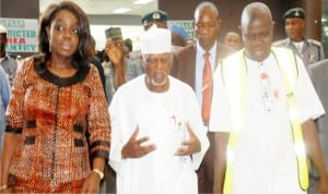 Minister of Finance, Mrs Kemi Adeosun, Comptroller-General, Nigerian Customs Service, Retired Col. Hammed Ali and Assistant Director, Department of State Security Service, Nnamdi Azikiwe International Airport, Abuja, Mr Segun Daramola, during the inspection of Customs facilities at the  Nnamdi Azikiwe International Airport  by the Minister in Abuja