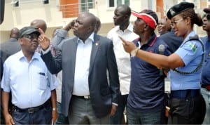  From Left: Commissioner for Works,Lagos State, Mr Ganiyu Solomon, Governor Akinwunmi Ambode of Lagos, Commissioner for Physical Planning, Mr Wasiu Anifowose and Divisional Police Officer Ilasan, SP Oyinye Onwuamaegbu during an inspection of the site of Lekki collapsed building in Lagos last Tuesday