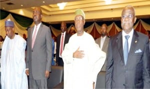 L-R: Permanent Secretary, Ministry of Agriculture and Rural Development, Dr Shehu Ahmed; Minister of State for Agriculture and Rural Development, Sen Heineken Lokpobiri; Minister of Agriculture and Rural Development, Chief Audu Ogbeh and President, International Fund for Agricultural Development, (IFAD), Mr Kanayo Nwanze at the Regional Implementation Forum for IFAD supported projects in Abuja on Tuesday.