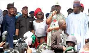 R-L: National Chairman, Peoples’ Democratic Party (PDP). Sen. Ali Modu Sheriff, Rivers State Governor, Chief. Nyesom Wike, his Deputy, Dr. Ipalibo Harry -Banigo, Deputy National Chairman, PDP, Prince Uche Secondus and former Governor, Rivers State, Sir Celestine Omehia, during the Rivers East Senatorial District Rally at Elele Town, yesterday