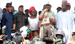 R-L: National Chairman, Peoples’ Democratic Party (PDP). Sen. Ali Modu Sheriff, Rivers State Governor, Chief. Nyesom  Wike, his Deputy, Dr. Ipalibo Harry -Banigo, Deputy National Chairman, PDP, Prince Uche Secondus and former Governor, Rivers State, Sir Celestine Omehia, during the Rivers East Senatorial District Rally at Elele Town, yesterday